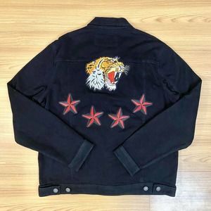Mens Members Only Black Denim Jean Jacket Tiger Stars Size Large With Tags